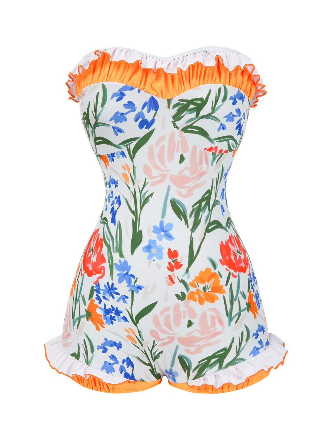 Multicolor 1960s Painted Floral Bandeau One-Piece Swimsuit - vintage swimsuit, pin-up style
