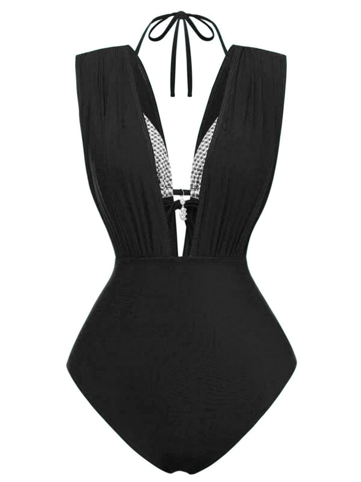 1960s Plaid Halter Bikini Top &amp; Plunging Ruched Swimsuit - vintage swimsuit, pin-up style