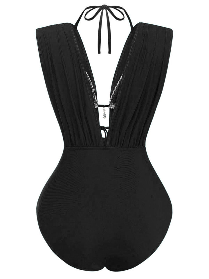 1960s Plaid Halter Bikini Top &amp; Plunging Ruched Swimsuit - vintage swimsuit, pin-up style