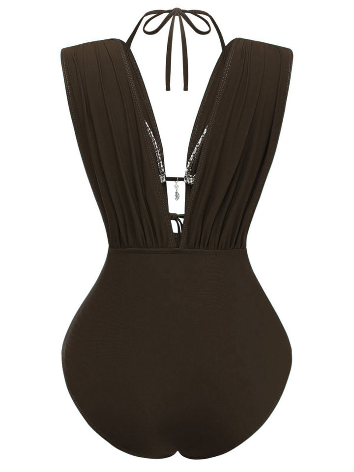 1960s Plaid Halter Bikini Top &amp; Plunging Ruched Swimsuit - vintage swimsuit, pin-up style