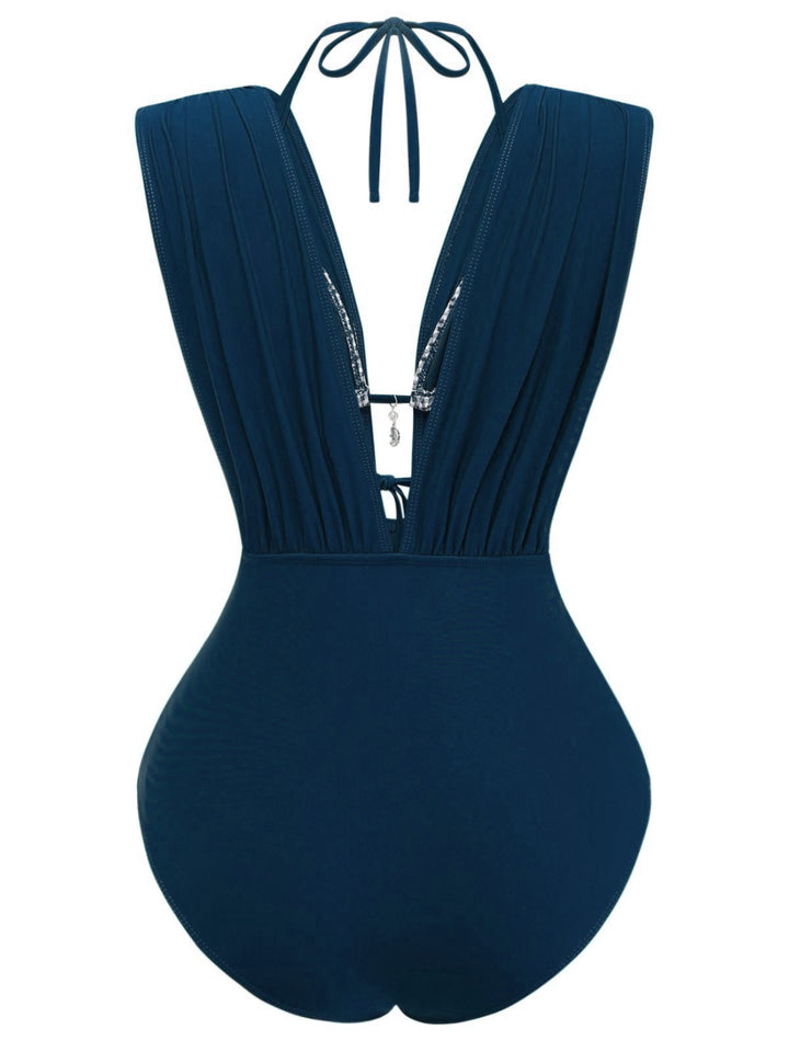 1960s Plaid Halter Bikini Top &amp; Plunging Ruched Swimsuit - vintage swimsuit, pin-up style