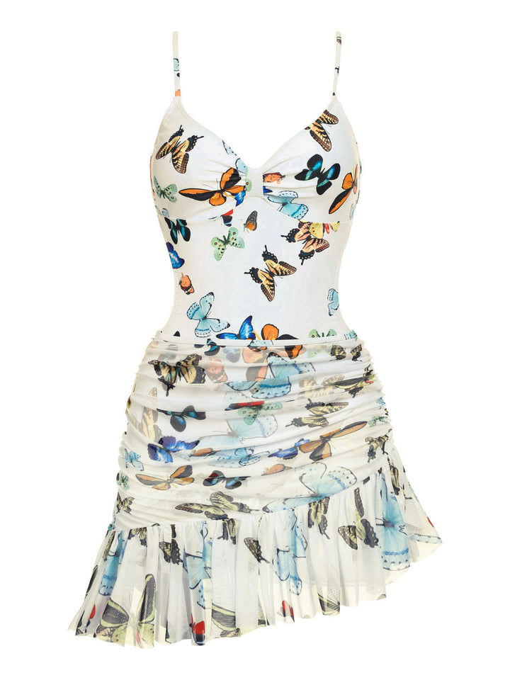 1960s Butterflies Strap One-piece Swimsuit &amp; Cover-up Skirt - vintage skirt, retro style