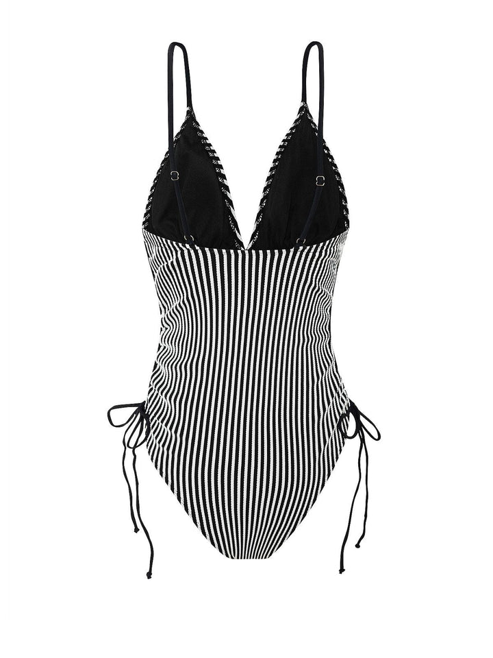 1960s Spaghetti Strap Contrast Stripes One-Piece Swimsuit - vintage swimsuit, pin-up style