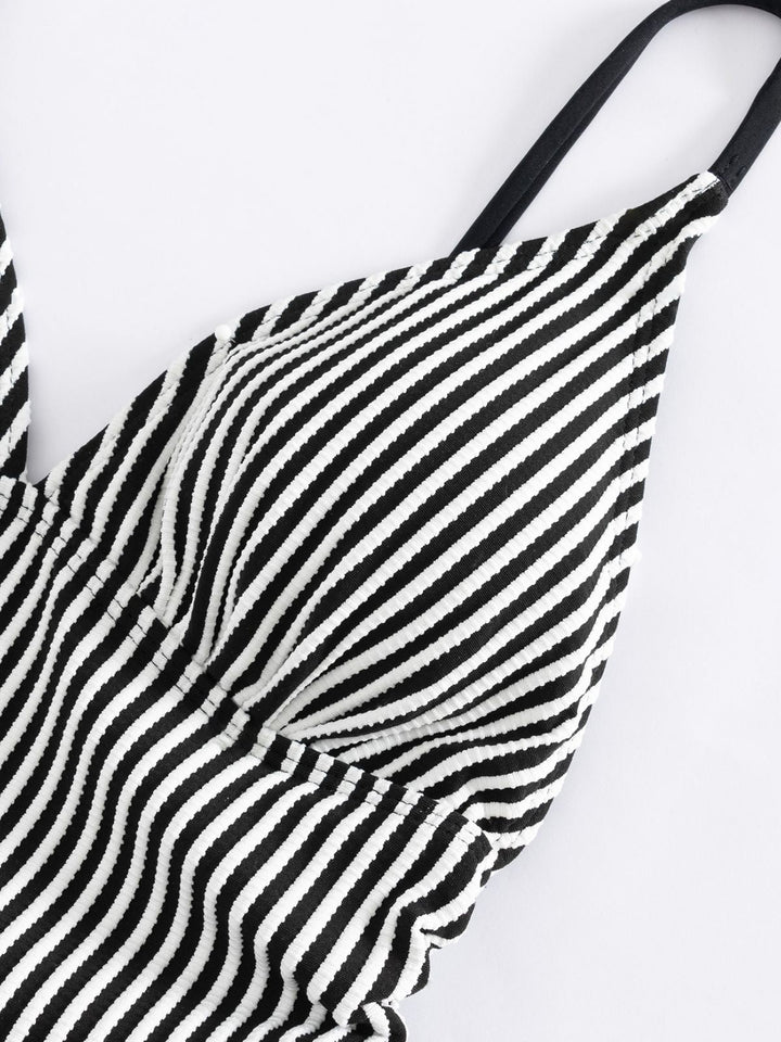 1960s Spaghetti Strap Contrast Stripes One-Piece Swimsuit - vintage swimsuit, pin-up style