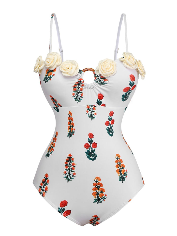 White 1960s 3D-Flower Spaghetti Straps One-Piece Swimsuit - vintage swimsuit, pin-up style, pure white