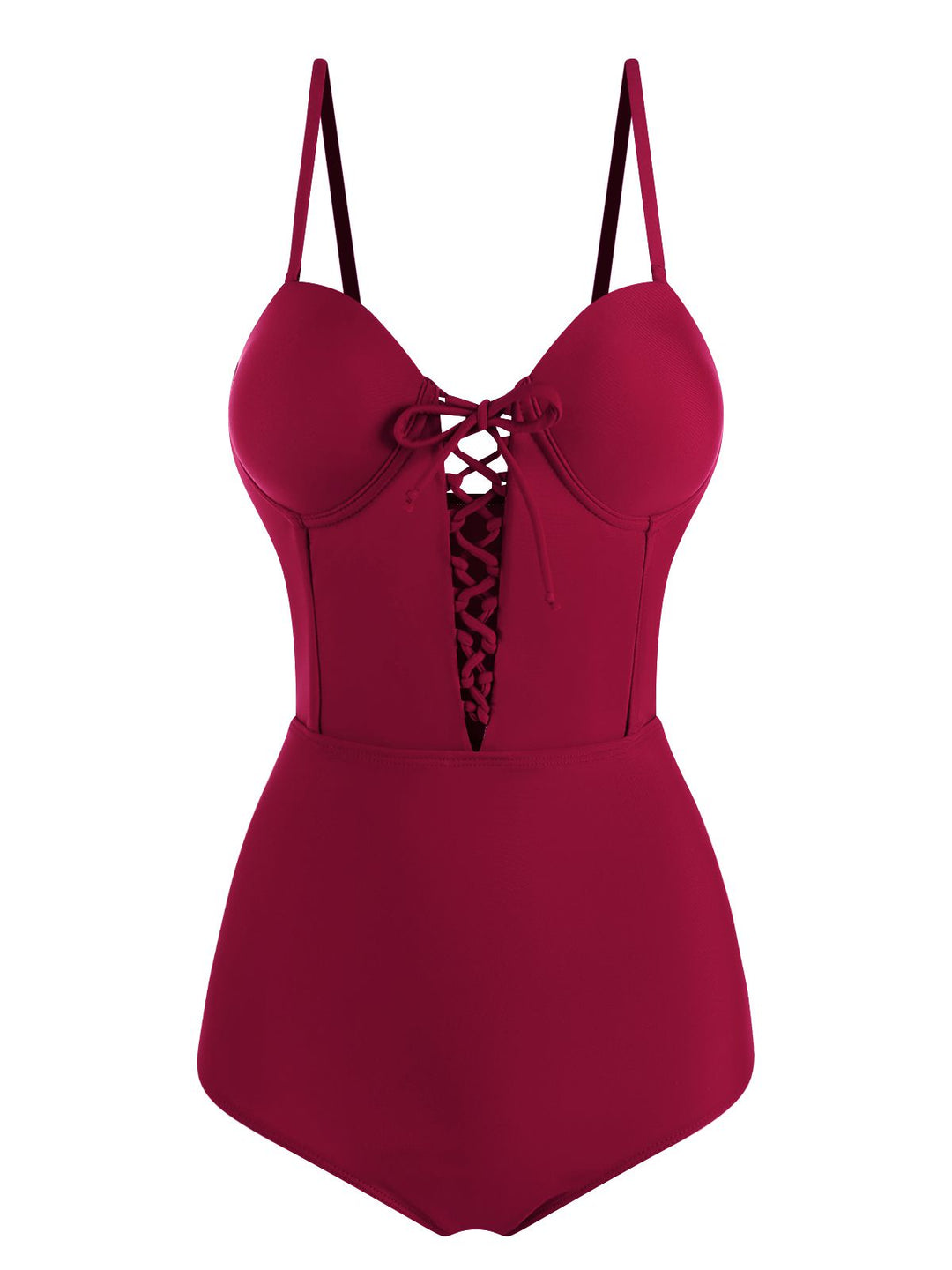 Wine Red 1960s Solid Spaghetti Strap One-piece Swimsuit - vintage swimsuit, pin-up style, elegant red