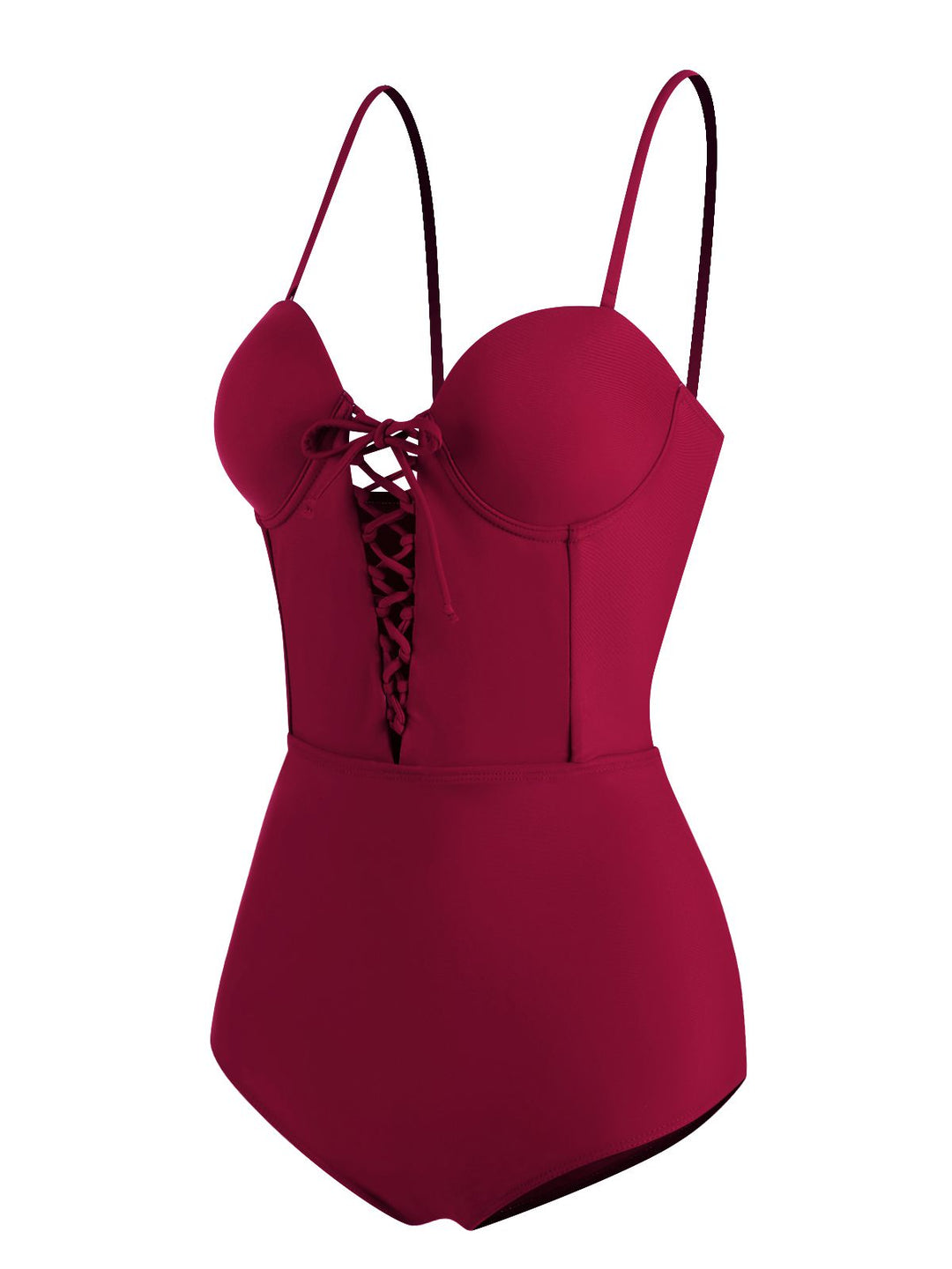 Wine Red 1960s Solid Spaghetti Strap One-piece Swimsuit - vintage swimsuit, pin-up style, elegant red