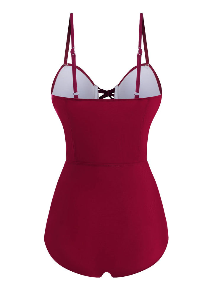 Wine Red 1960s Solid Spaghetti Strap One-piece Swimsuit - vintage swimsuit, pin-up style, elegant red