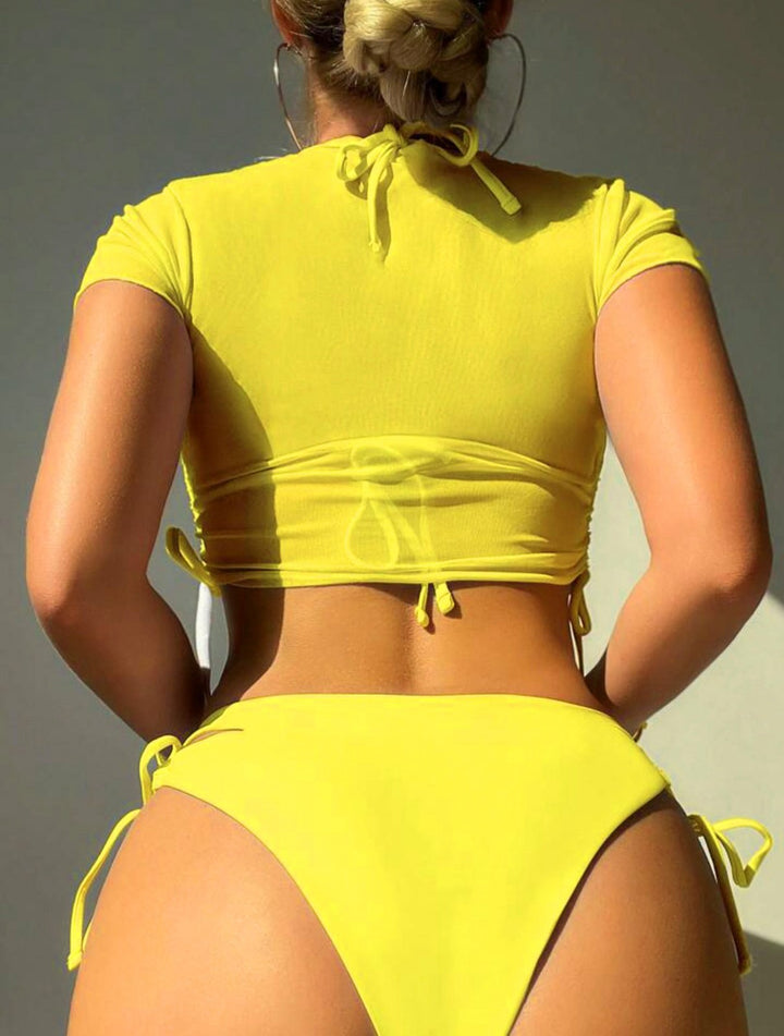 1960s Tropical Beach Drawstring Bikini Set &amp; Sheer Top - vintage fashion, retro style