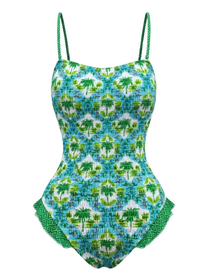1960s Tropical Coconut Palm Tree Print Swimsuit - vintage swimwear, retro beach style for women