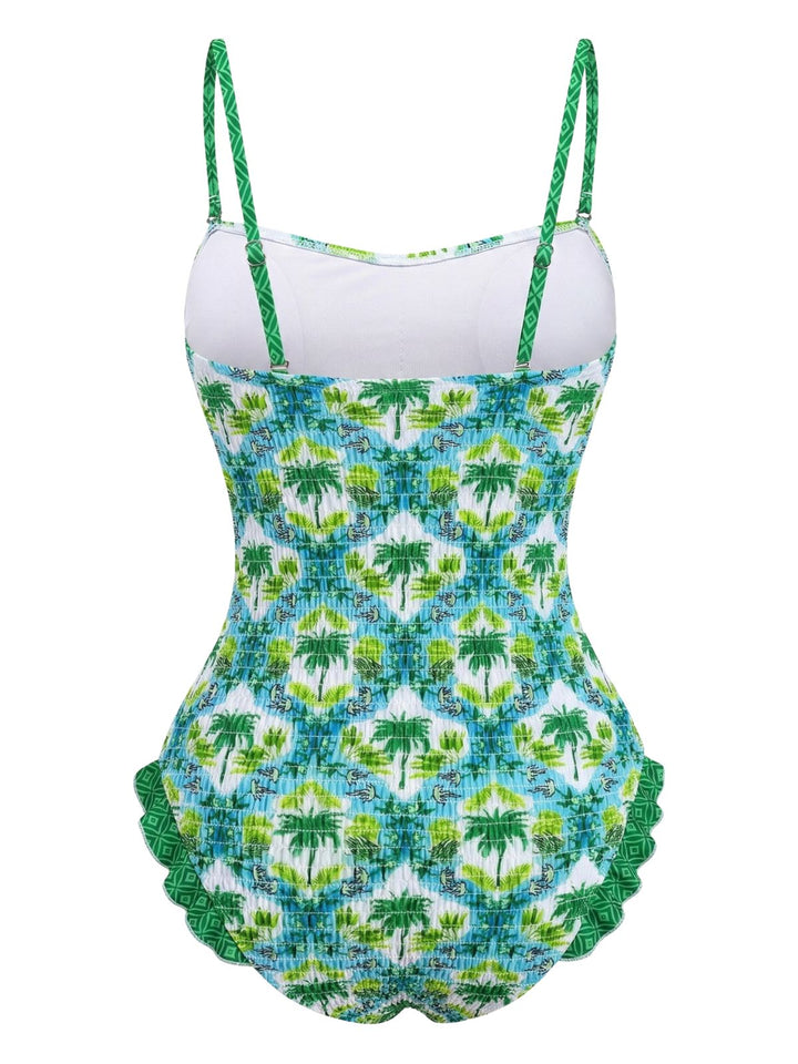 1960s Tropical Coconut Palm Tree Print Swimsuit - vintage swimwear, retro beach style for women