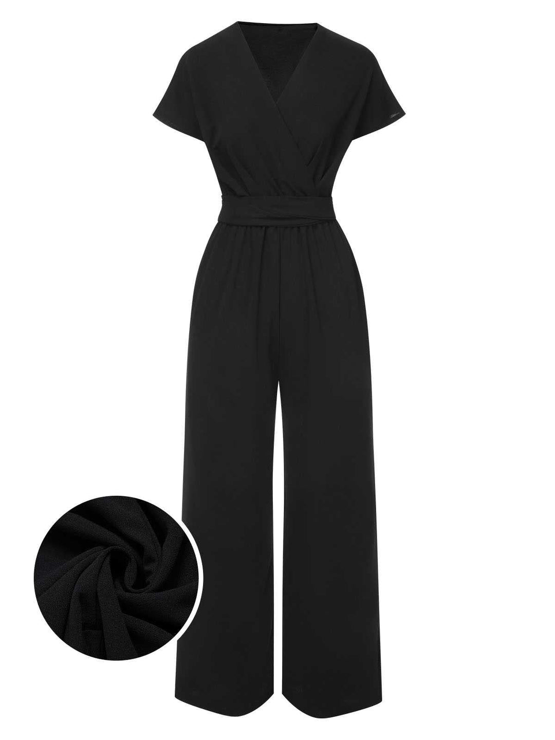 She adds this 1960s V-Neck Belted Solid Jumpsuit and suddenly it&