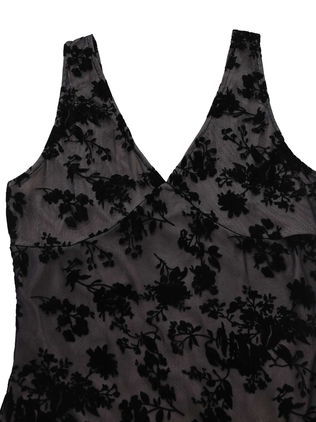 1960s V-Neck Floral Flocked Mesh Ruffle Hem Dress - vintage dress, retro fashion