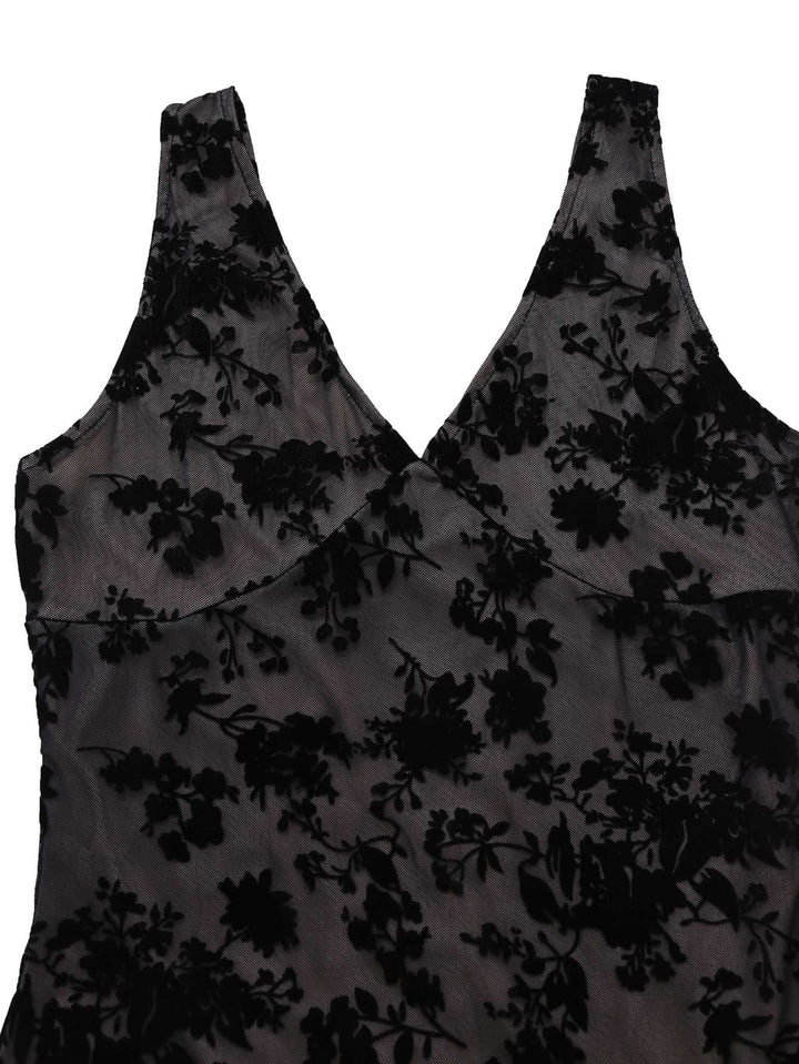1960s V-Neck Floral Flocked Mesh Ruffle Hem Dress - vintage dress, retro fashion