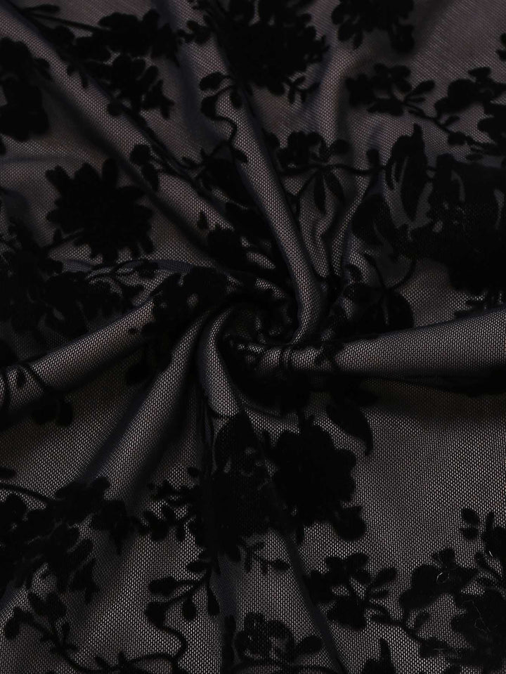 1960s V-Neck Floral Flocked Mesh Ruffle Hem Dress - vintage dress, retro fashion
