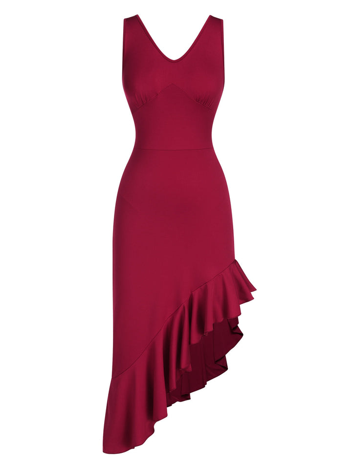 She slips into this 1960s V-Neck Oblique Ruffled Hem Sleeveless Dress and suddenly it&