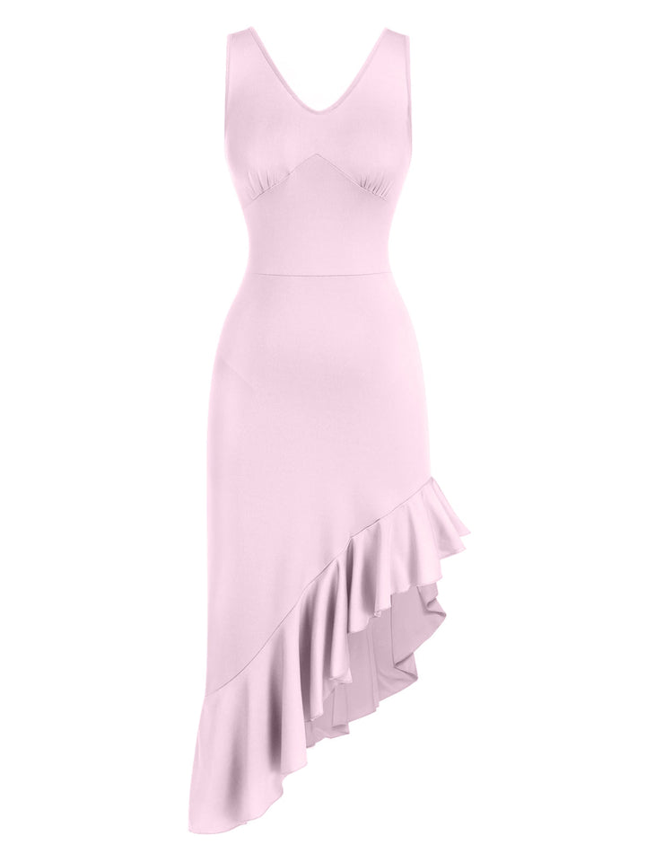 She slips into this 1960s V-Neck Oblique Ruffled Hem Sleeveless Dress and suddenly it&
