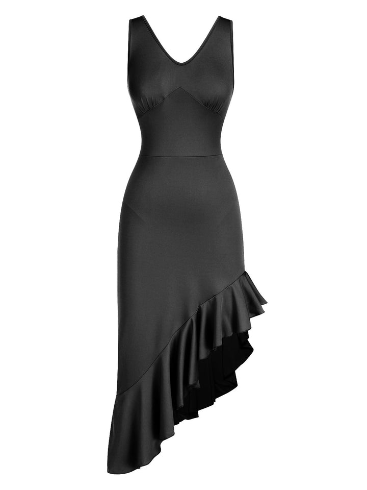 She slips into this 1960s V-Neck Oblique Ruffled Hem Sleeveless Dress and suddenly it&