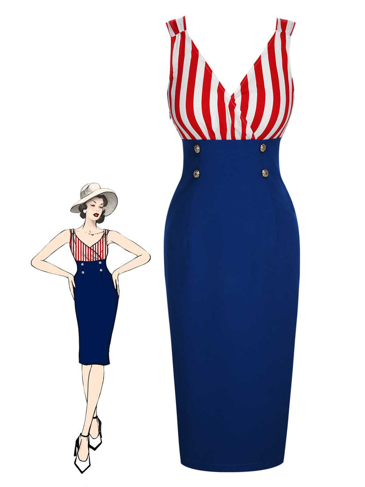 She slips into this 1960s V-Neck Red Blue Contrast Stripes Dress and suddenly it&