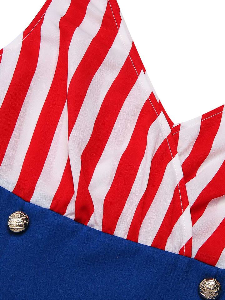 1960s V-Neck Red Blue Contrast Stripes Dress — a 1960s silhouette that turns sidewalks into runways