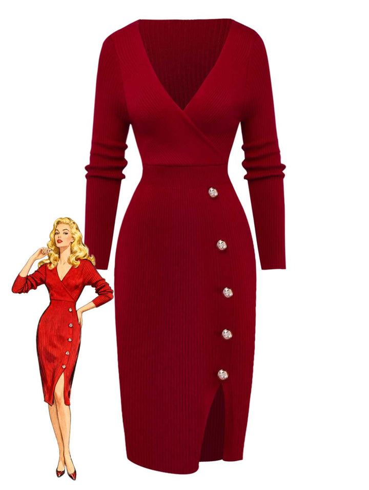 1960s V-Neck Ribbed Knit Button Bodycon Dress - vintage dress, retro fashion