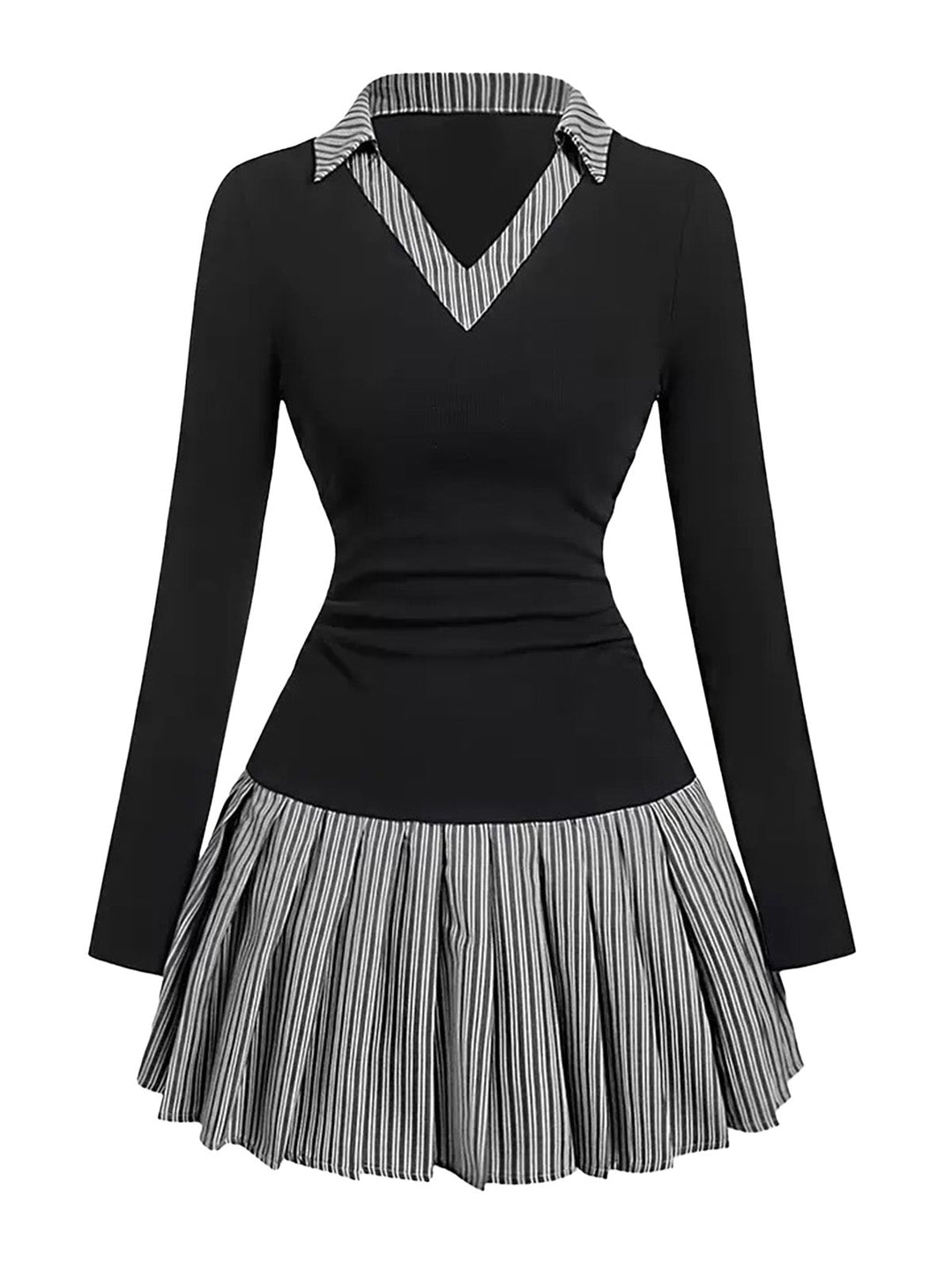 1960s V-Neck Striped Pleated Fake Two-Piece Dress - vintage dress, retro fashion