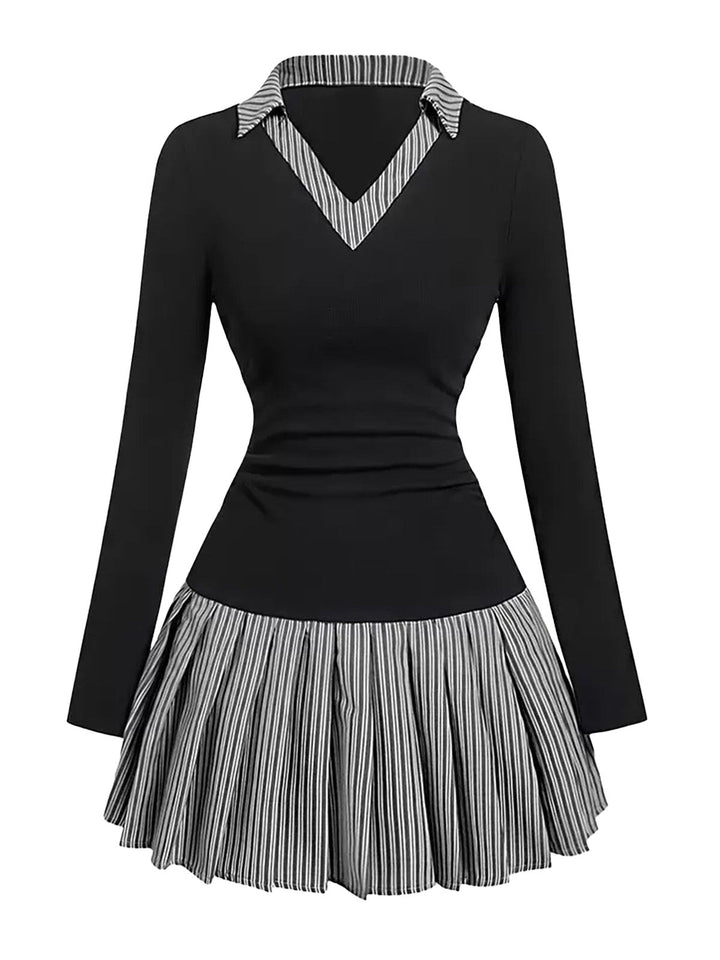 1960s V-Neck Striped Pleated Fake Two-Piece Dress - vintage dress, retro fashion