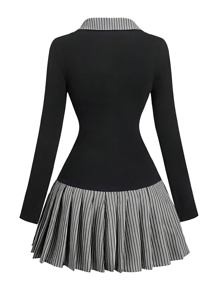 1960s V-Neck Striped Pleated Fake Two-Piece Dress - vintage dress, retro fashion