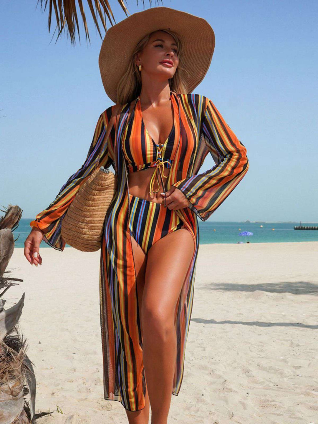 Vertical Stripe Lace-Up Bikini Set &amp; Cover-Up, vintage swimsuit, swimwear - perfect for women who love vintage and retro fashion