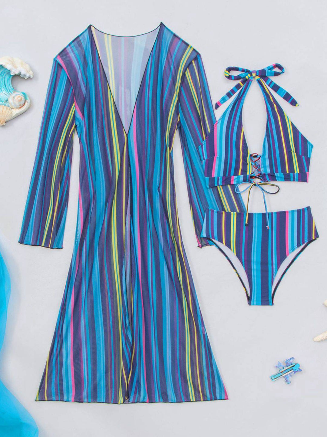 Vertical Stripe Lace-Up Bikini Set &amp; Cover-Up, vintage swimsuit, swimwear - perfect for women who love vintage and retro fashion