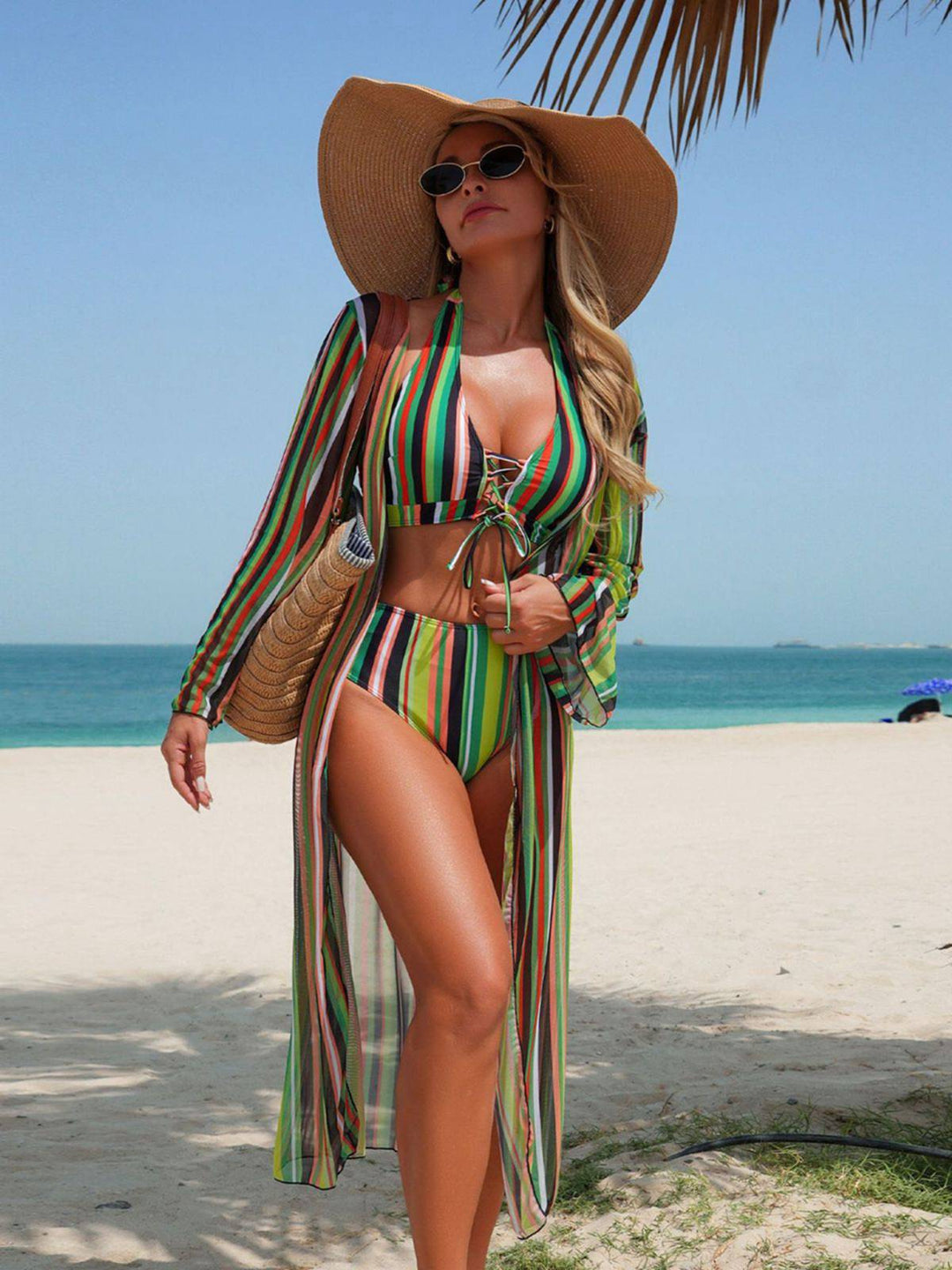 Vertical Stripe Lace-Up Bikini Set &amp; Cover-Up, vintage swimsuit, swimwear - perfect for women who love vintage and retro fashion