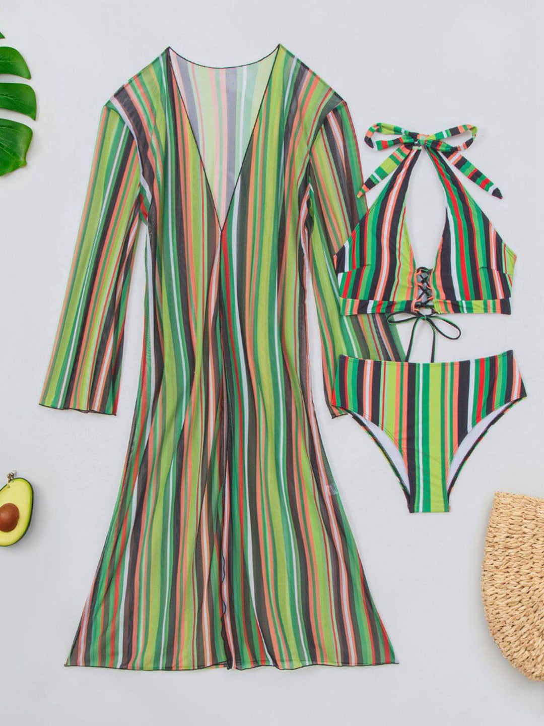 Vertical Stripe Lace-Up Bikini Set &amp; Cover-Up, vintage swimsuit, swimwear - perfect for women who love vintage and retro fashion