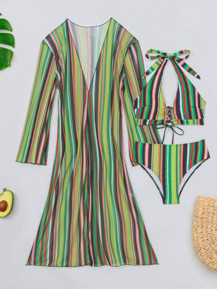 Vertical Stripe Lace-Up Bikini Set &amp; Cover-Up, vintage swimsuit, swimwear - perfect for women who love vintage and retro fashion