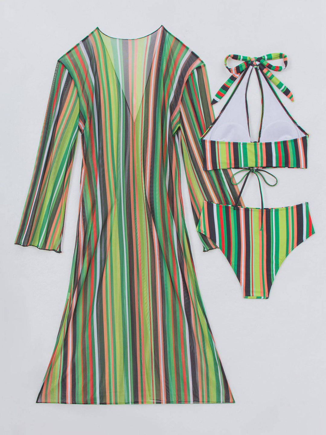 Vertical Stripe Lace-Up Bikini Set &amp; Cover-Up, vintage swimsuit, swimwear - perfect for women who love vintage and retro fashion