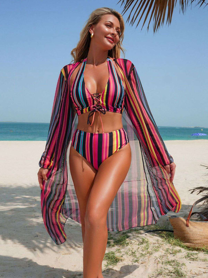 Vertical Stripe Lace-Up Bikini Set &amp; Cover-Up