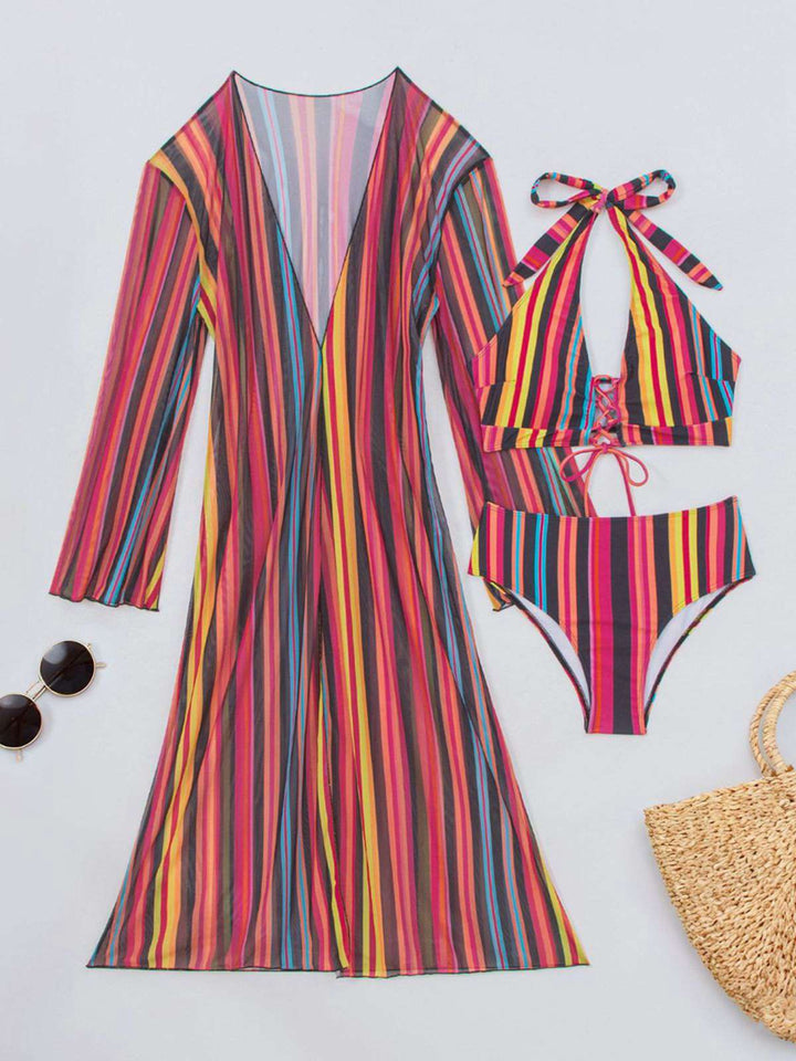 Vertical Stripe Lace-Up Bikini Set &amp; Cover-Up