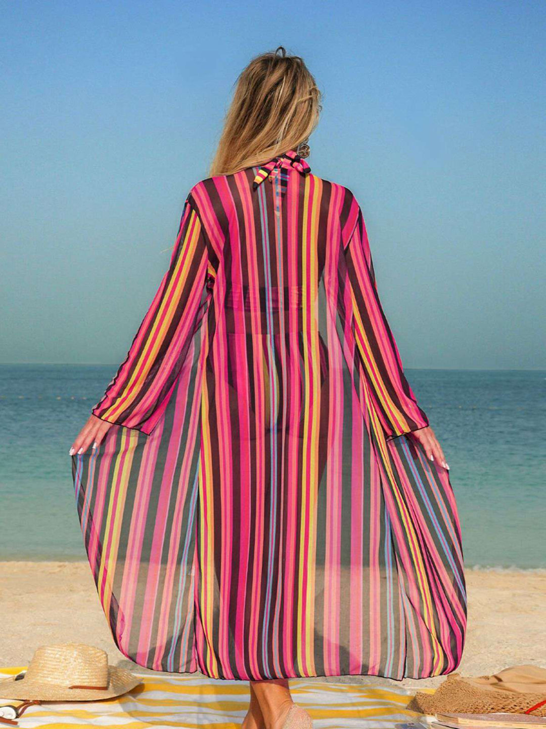 Vertical Stripe Lace-Up Bikini Set &amp; Cover-Up