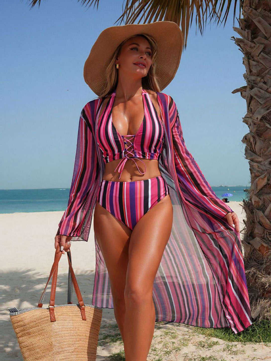 Vertical Stripe Lace-Up Bikini Set &amp; Cover-Up