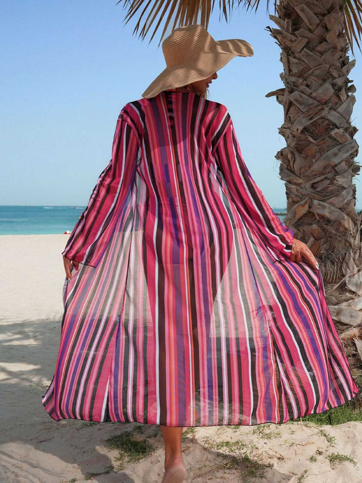 Vertical Stripe Lace-Up Bikini Set &amp; Cover-Up