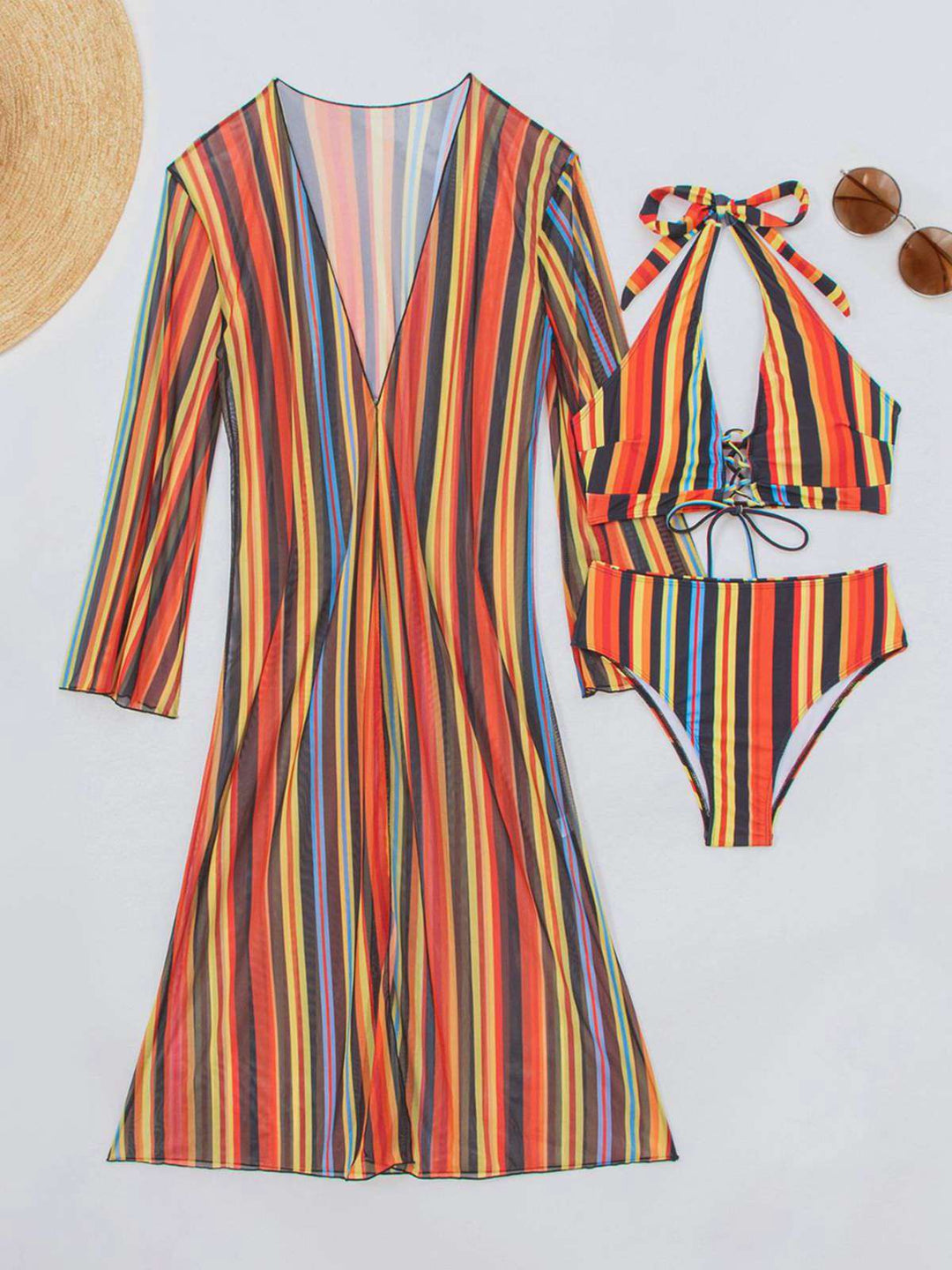 Vertical Stripe Lace-Up Bikini Set &amp; Cover-Up, vintage swimsuit, swimwear - perfect for women who love vintage and retro fashion