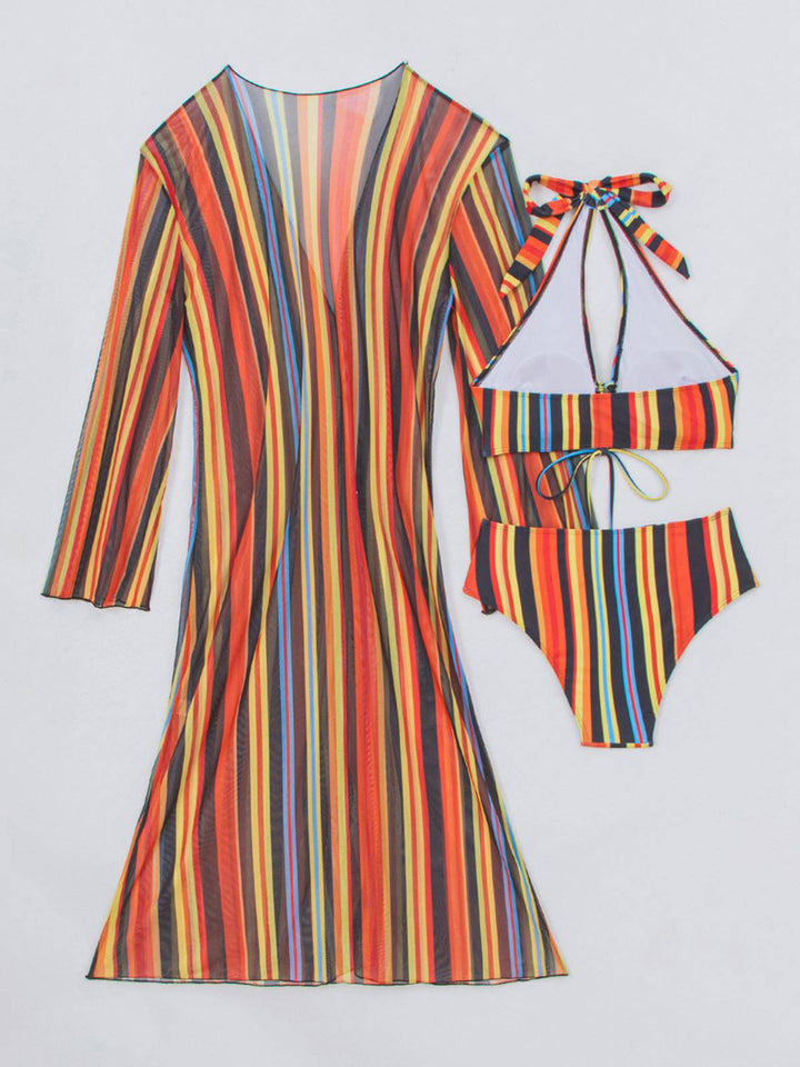 Vertical Stripe Lace-Up Bikini Set &amp; Cover-Up, vintage swimsuit, swimwear - perfect for women who love vintage and retro fashion