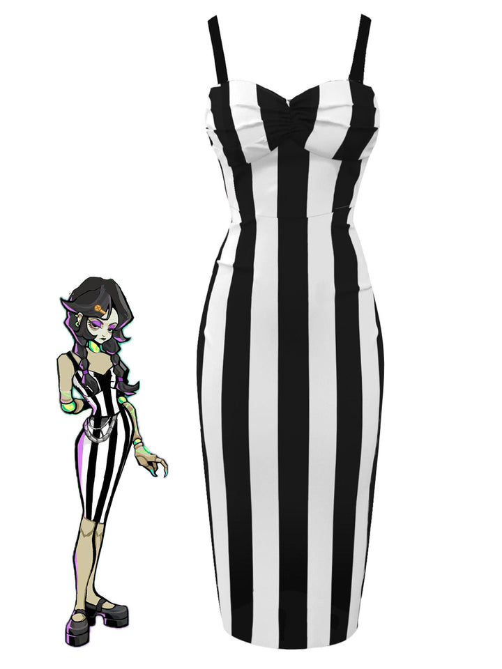 She slips into this 1960s Vertical Stripe Straps Pencil Dress and suddenly it&
