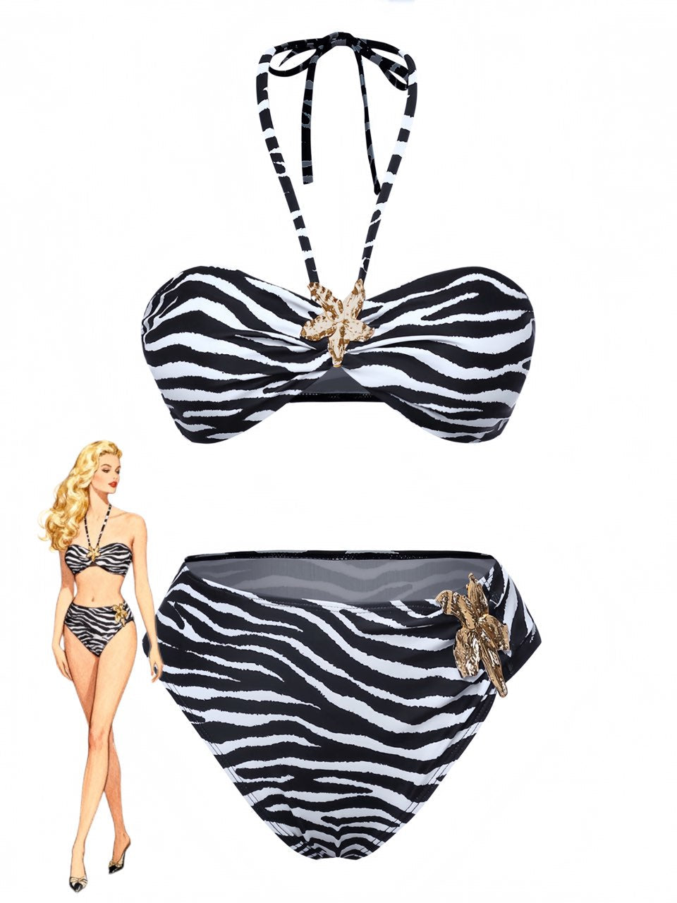 1960s Zebra Print Sea Star Accents Bandeau Bikini Set - vintage fashion, retro style