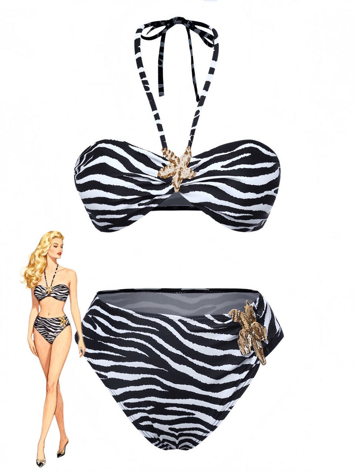 1960s Zebra Print Sea Star Accents Bandeau Bikini Set - vintage fashion, retro style