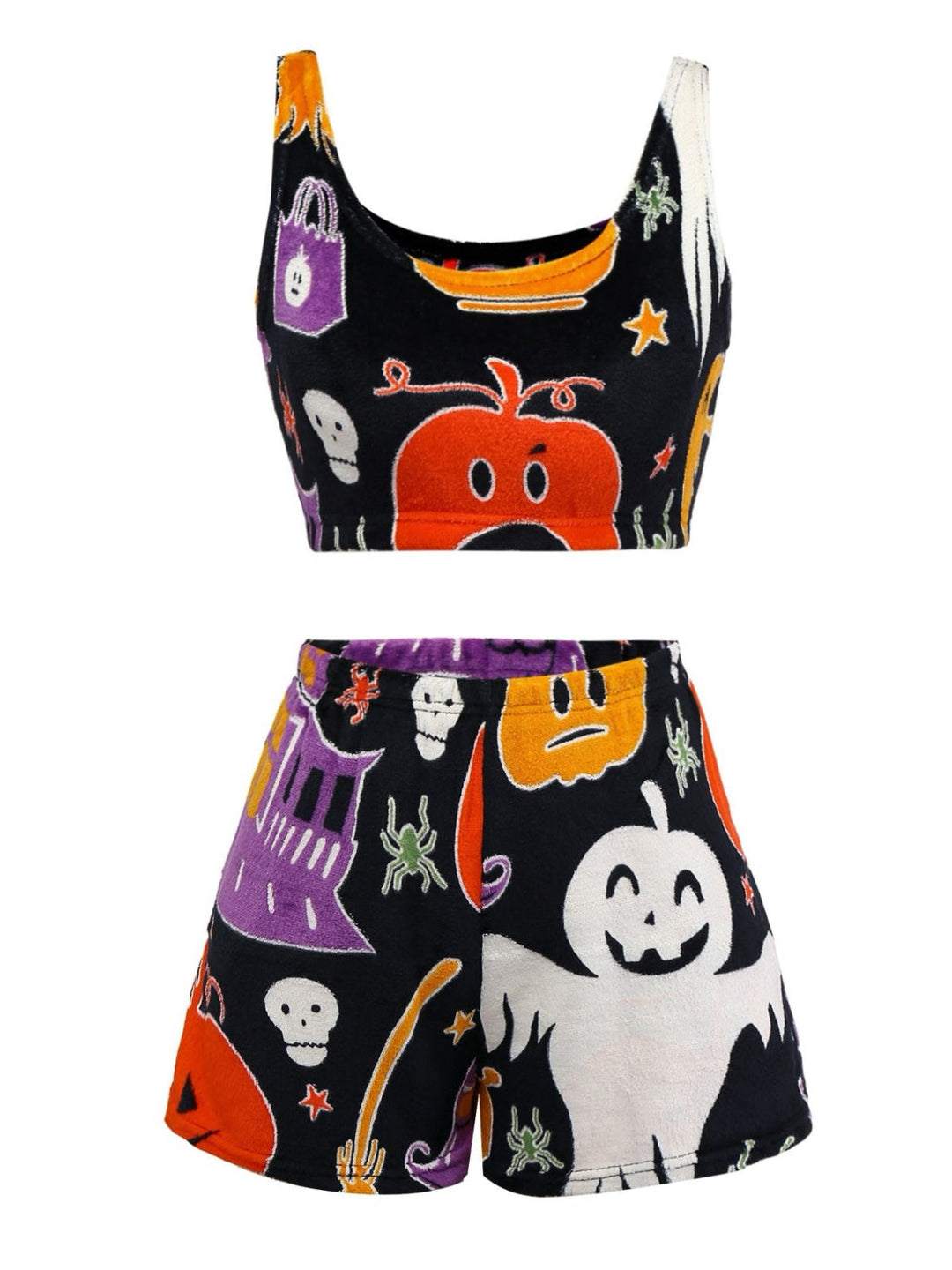 2PCS Black Glowing Halloween Ghost Flannel Pajama Set - vintage fashion, retro style, classic black