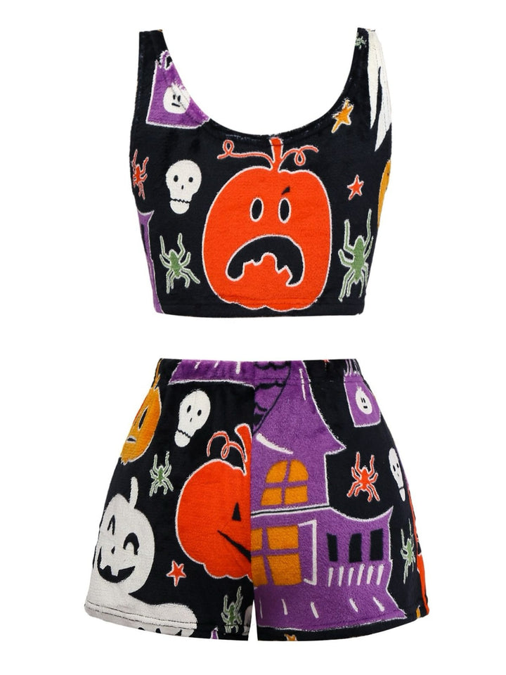 2PCS Black Glowing Halloween Ghost Flannel Pajama Set - vintage fashion, retro style, classic black