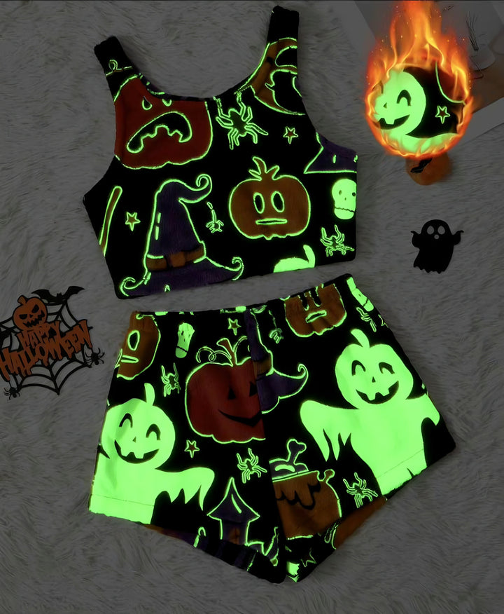 2PCS Black Glowing Halloween Ghost Flannel Pajama Set - vintage fashion, retro style, classic black