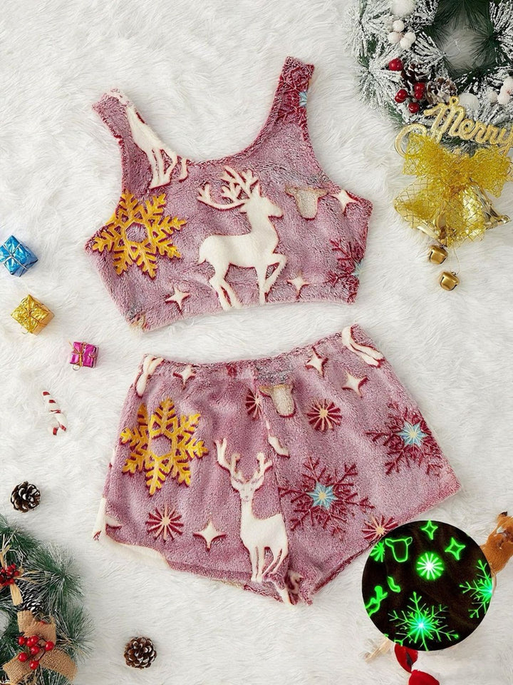 2PCS Glowing Colorful Print Flannel Pajama Set - vintage fashion, retro style