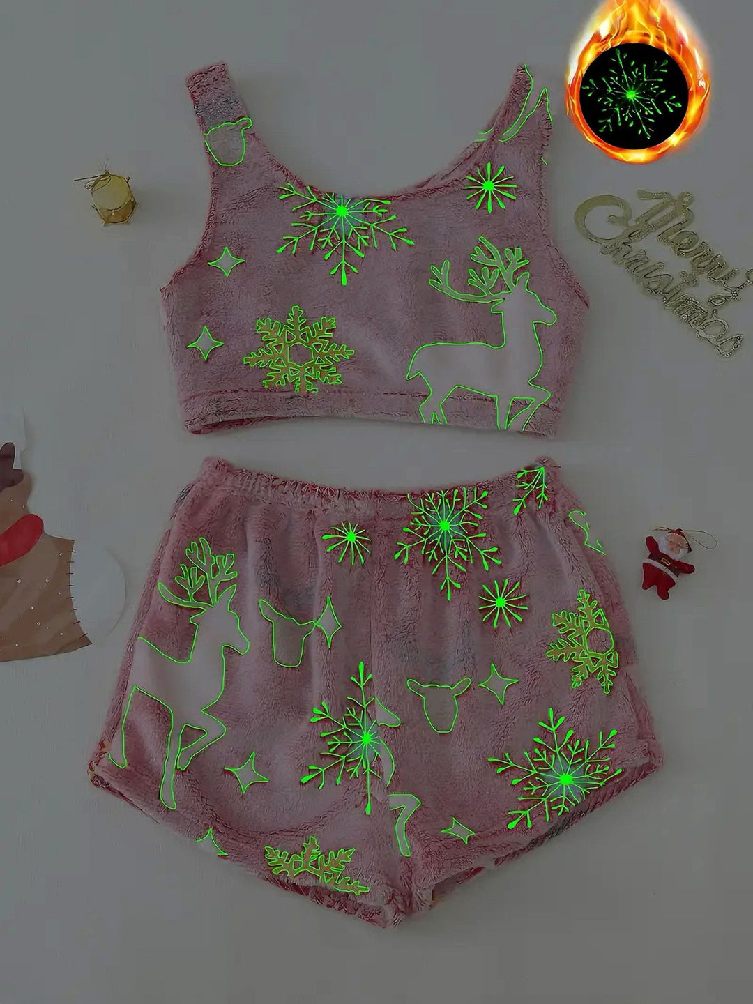 2PCS Glowing Colorful Print Flannel Pajama Set - vintage fashion, retro style