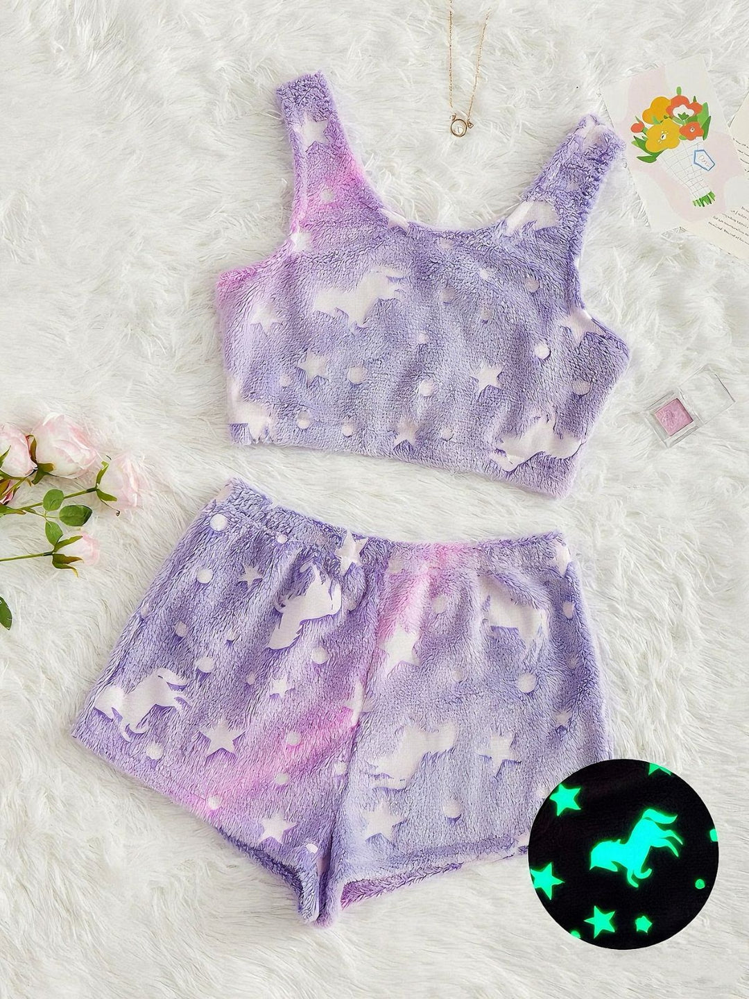 2PCS Glowing Colorful Print Flannel Pajama Set - vintage fashion, retro style